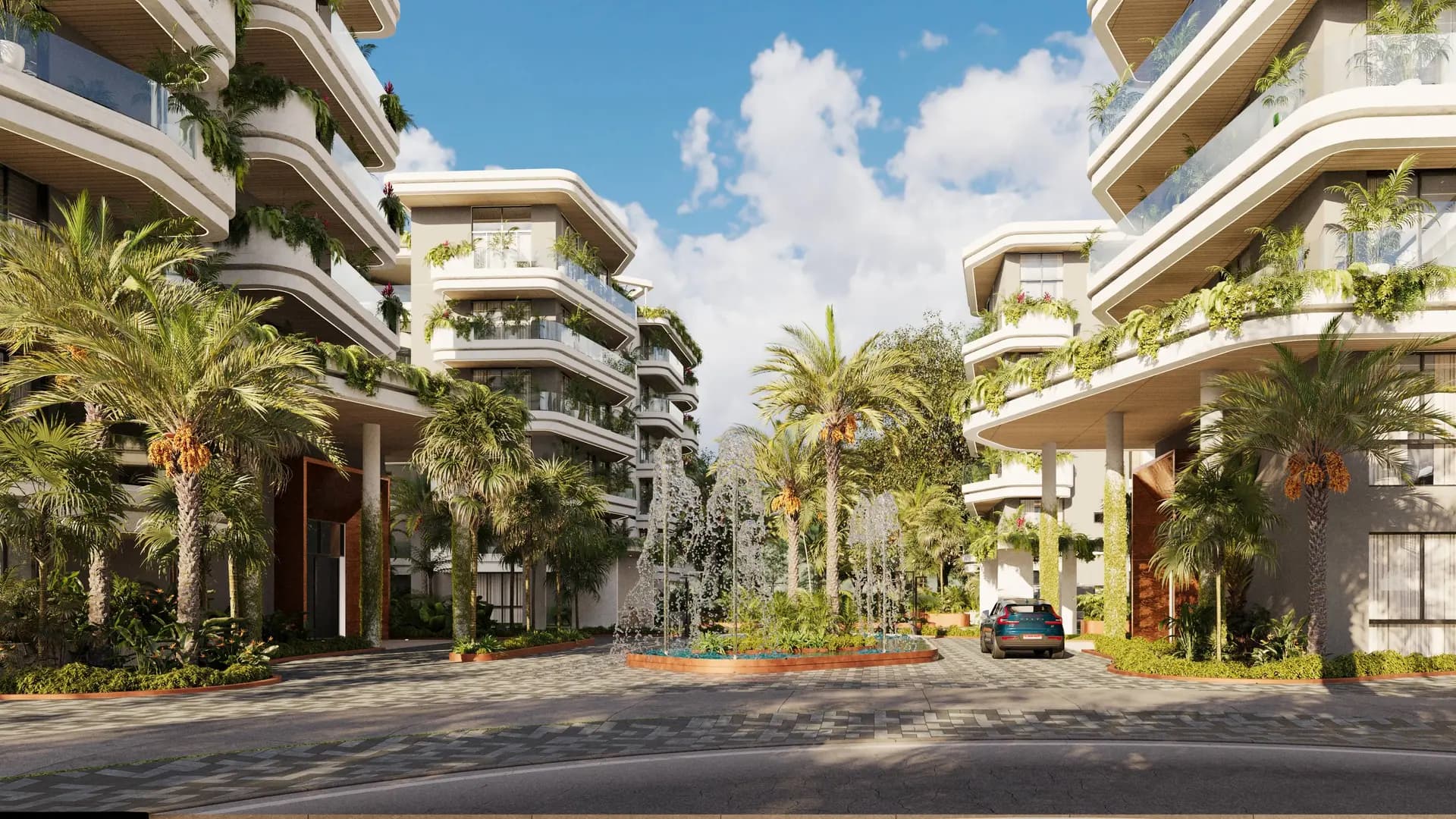 Fachada y jardines tropicales